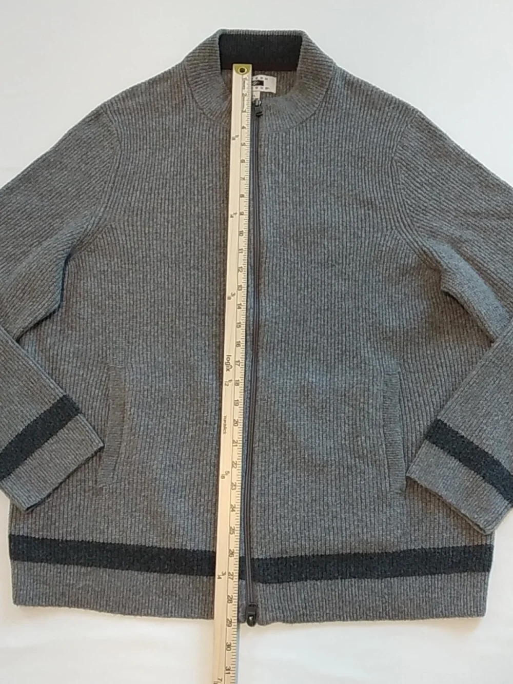 Joseph Abboud Men's Gray XL Zip-Front Ribbed Cardigan, Dark Hem Stripe Old Money
